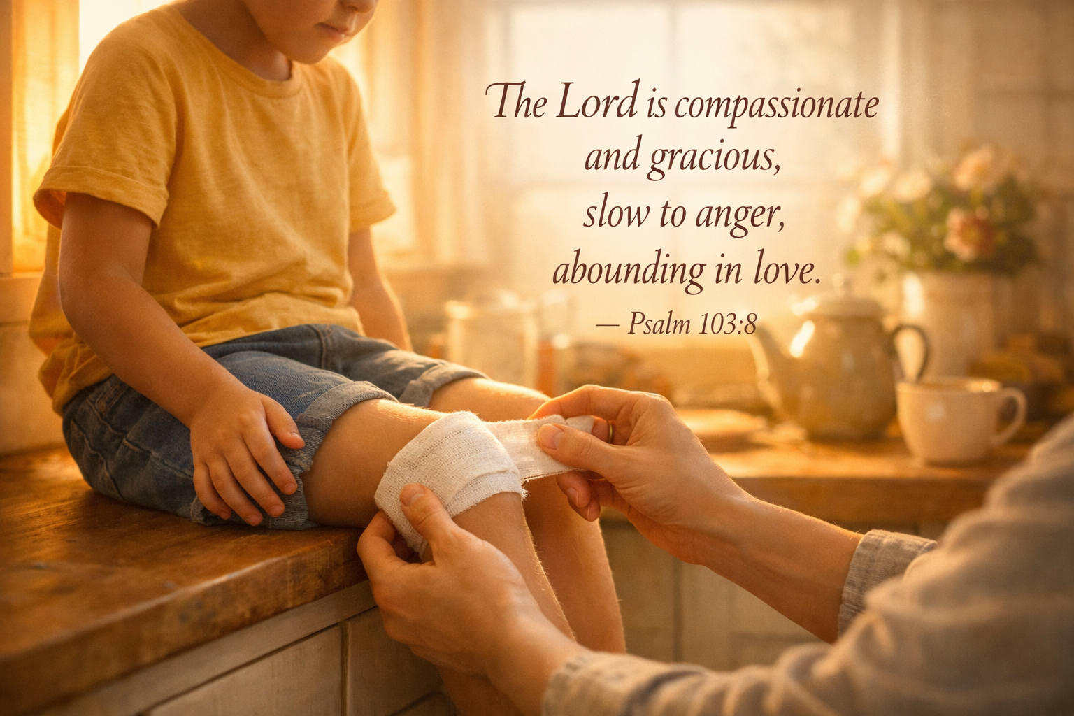 Bible verse wallpaper Psalm 103:8 with gentle hands bandaging a child's knee in warm kitchen light